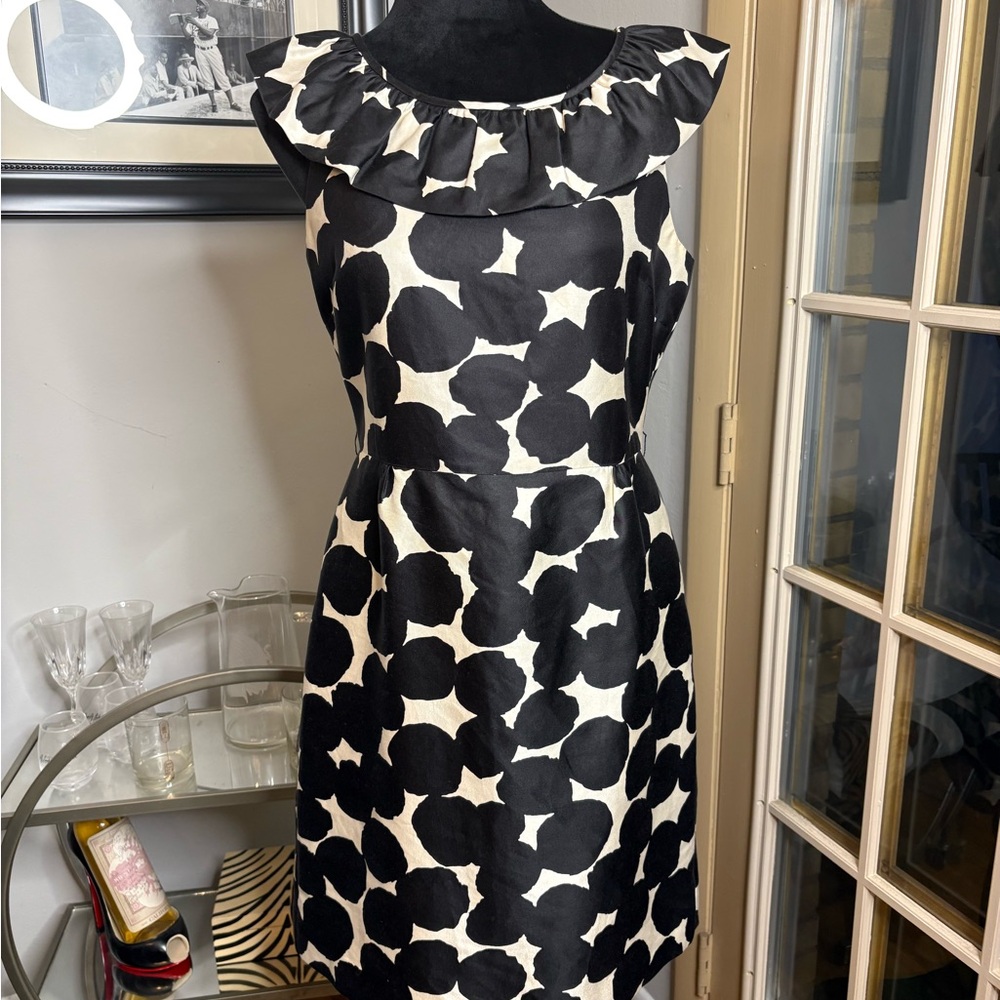 kate spade Black and Cream Polka Dot Ruffle-Neck Mini Dress